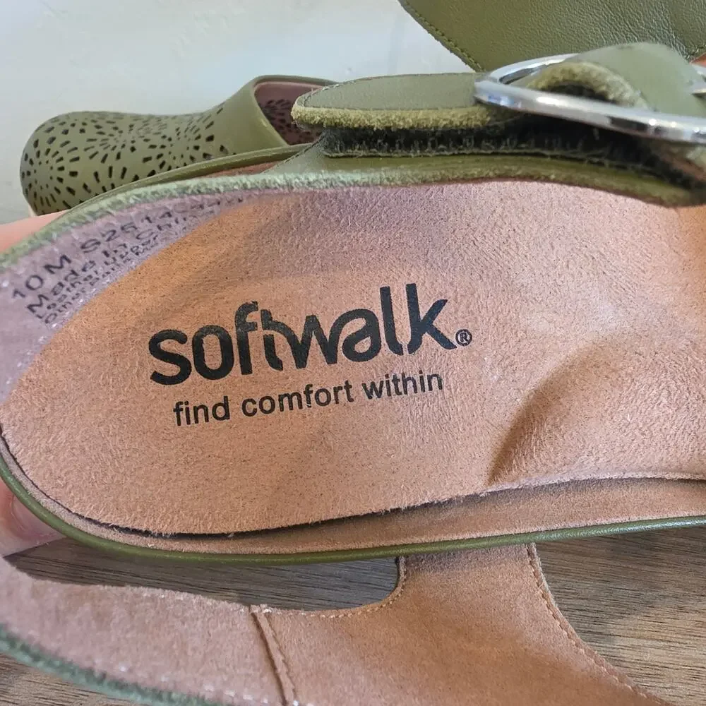 SoftWalk Mabelle Perf Olive Green Leather Laser Cut Wedge Clog Sandals Size 10M